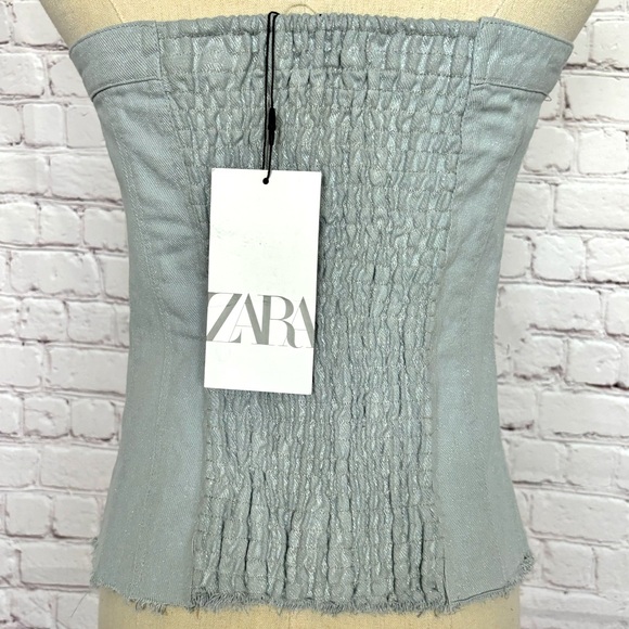 ZARA Top Strapless Silver Blue Denim Corset Style Tube Top—NWT—XXL - Picture 3 of 16